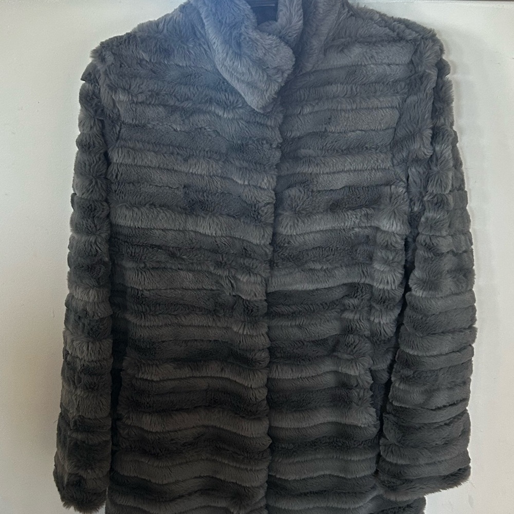 Dennis Basso Faux-Fur Snap-Front Coat with Horizontal Pelting